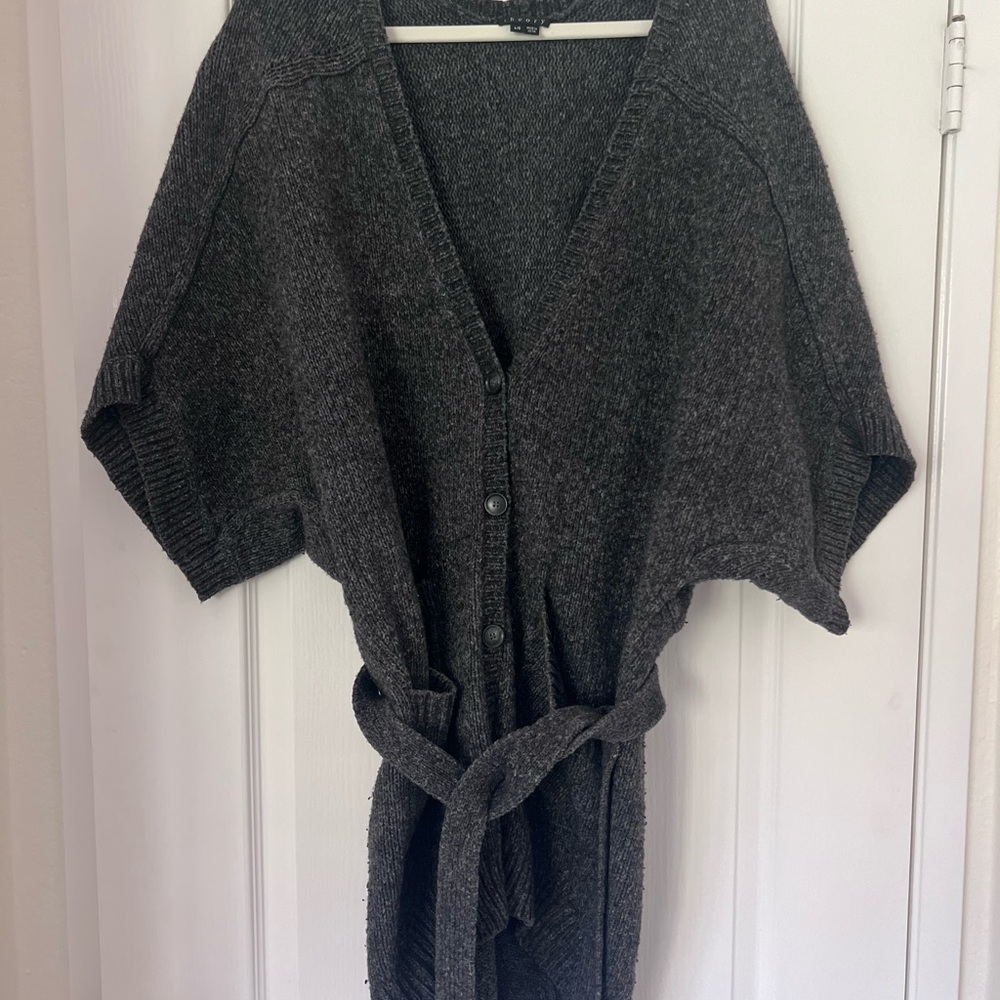Theory Charcoal Knit Belted Short-Sleeve Cardigan